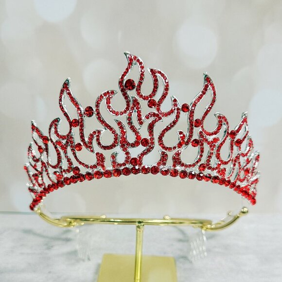 Flame of Fire Crown, Holy Fire Tiara, Red Crystal Crown, Silver Crown Tiara